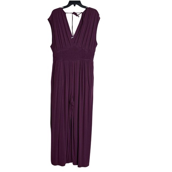 Old Navy Pants - Old Navy Plum Purple Smocked Waist Wide Leg Jumpsuit Romper XL Tie Back V Neck